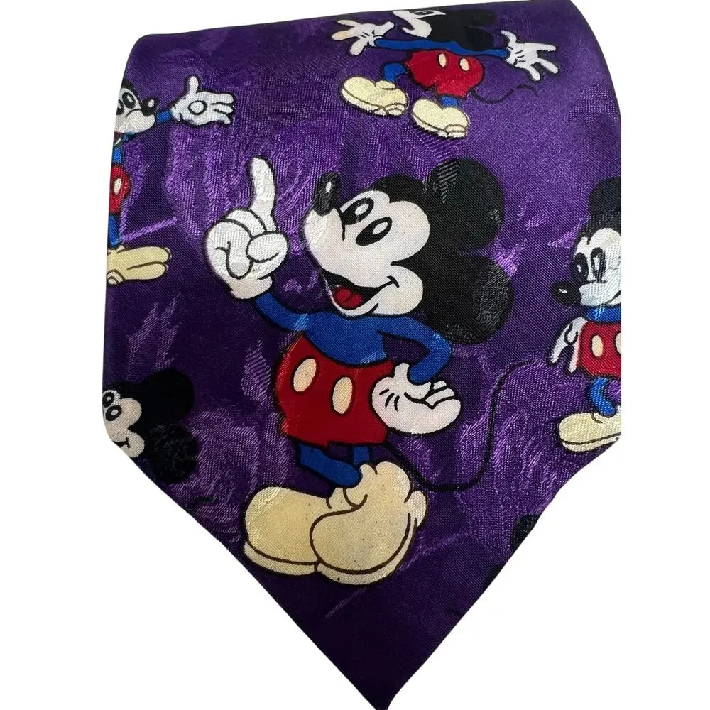 Vintage Disney Mickey Mouse Silk Tie Purple‎ All Over Print Made Korea